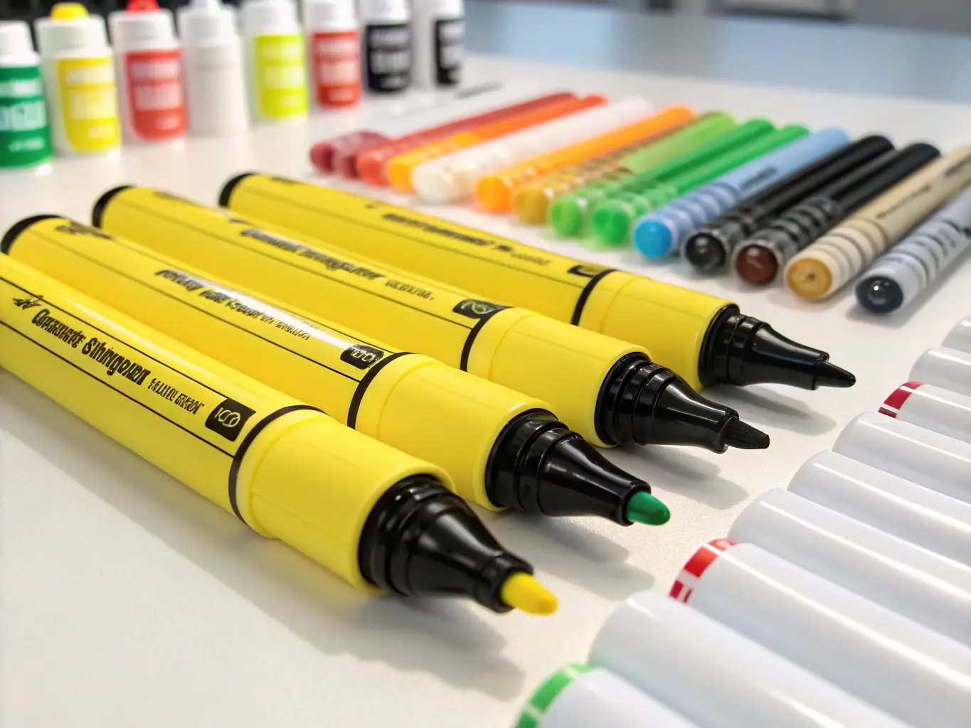 A close-up shot of various colorful ink cartridges neatly arranged, highlighting the range of colors and types available at Max Source Studio.