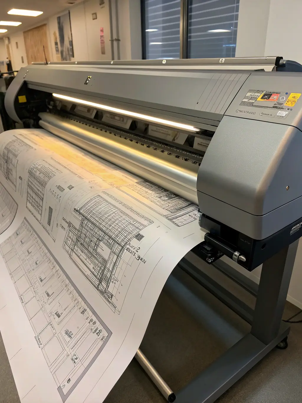 A wide-format printer producing a large, detailed architectural drawing, showcasing its ability to handle large-scale printing projects.
