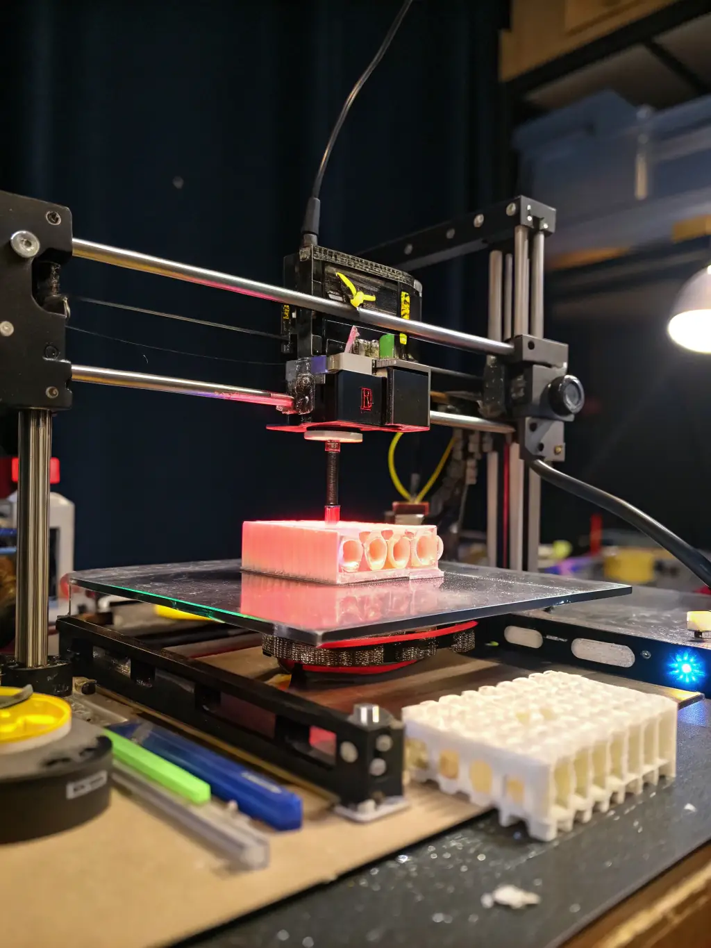 A close-up shot of a 3D printer creating a small plastic model, highlighting its precision and capabilities in additive manufacturing.