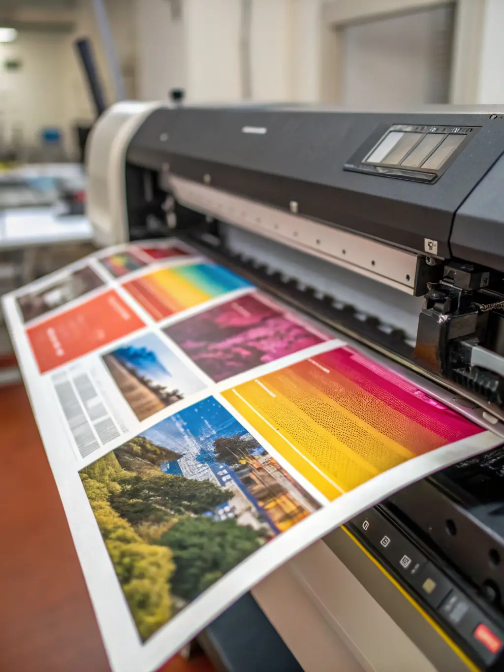 A high-resolution image of a modern inkjet printer on a clean white desk, printing a colorful document, suitable for home or small office use.